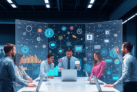 Professionals collaborating around holographic screens with abstract data flows and colorful digital icons in a futuristic high-tech workspace.