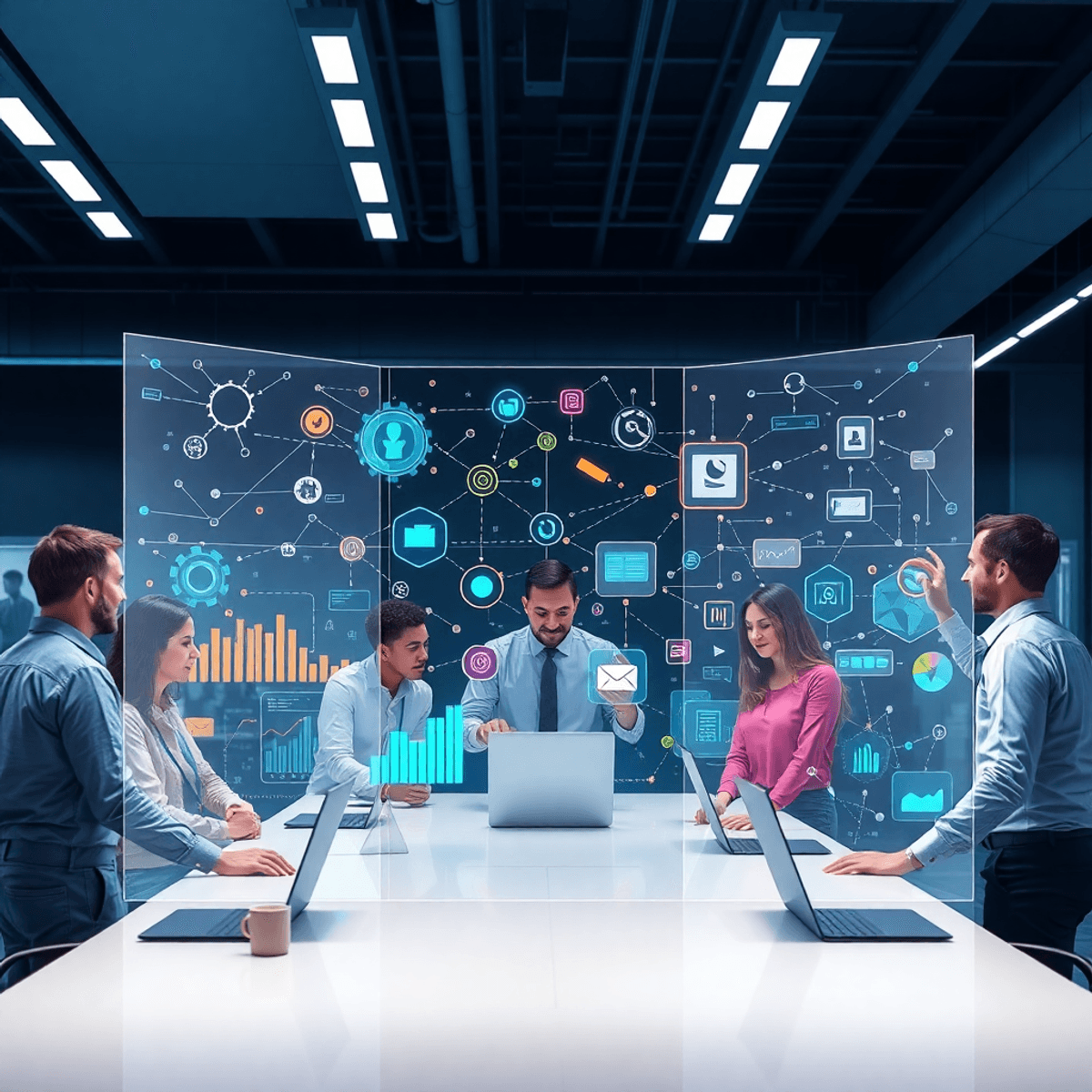 Professionals collaborating around holographic screens with abstract data flows and colorful digital icons in a futuristic high-tech workspace.