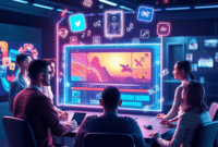 Realistic digital workspace with diverse avatars around a glowing holographic screen showing video editing elements and multimedia icons.