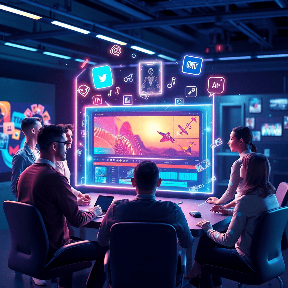 Realistic digital workspace with diverse avatars around a glowing holographic screen showing video editing elements and multimedia icons.