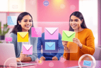 Remote team collaborating on colorful holographic greeting cards with abstract icons of communication and engagement in a bright, modern digital wo...