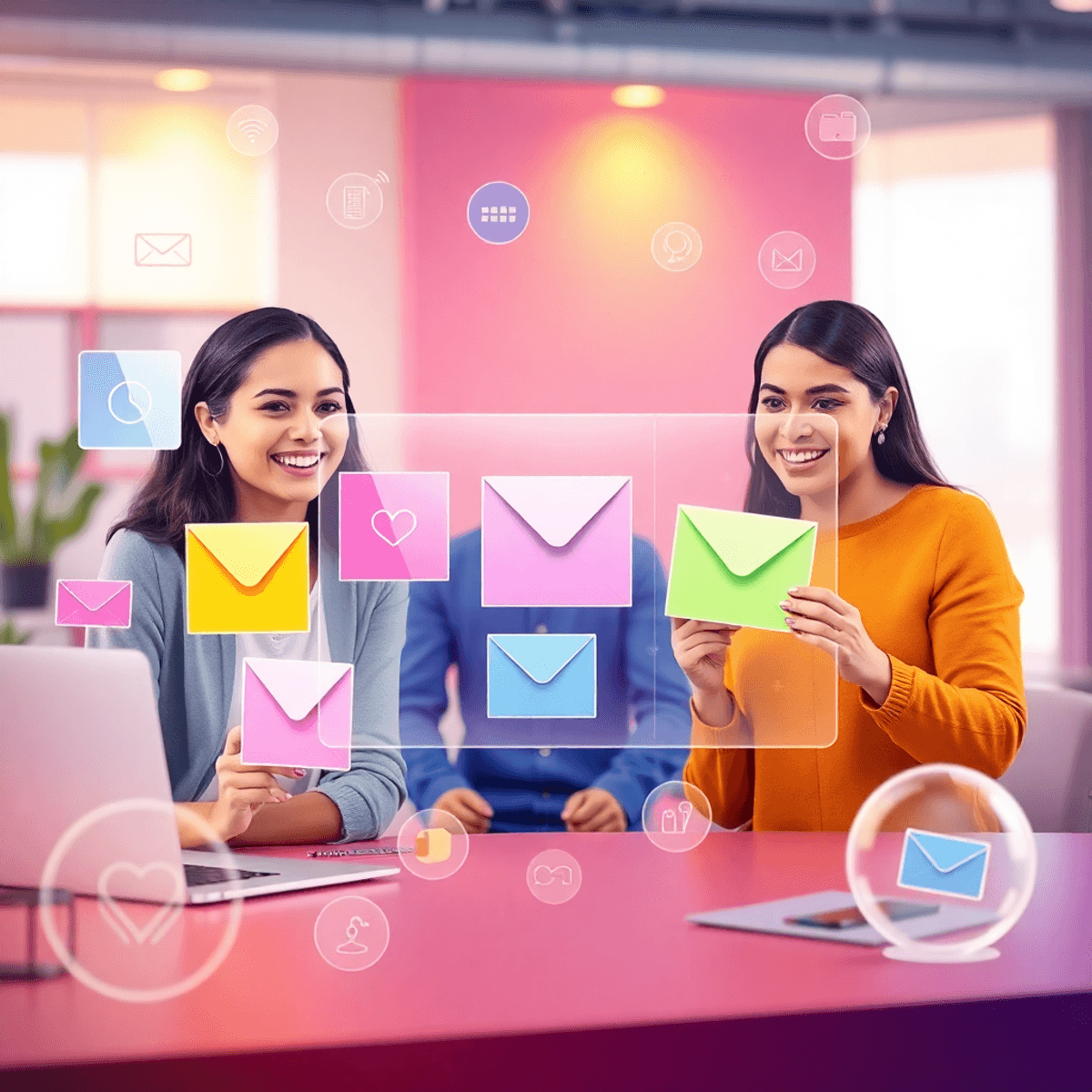 Remote team collaborating on colorful holographic greeting cards with abstract icons of communication and engagement in a bright, modern digital wo...