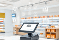 Sleek modern retail counter with minimalist POS terminal, barcode scanner, and floating digital icons for payment, customer management, and connect... Sleek modern retail counter with minimalist POS terminal, barcode scanner, and floating digital icons for payment, customer management, and connect...