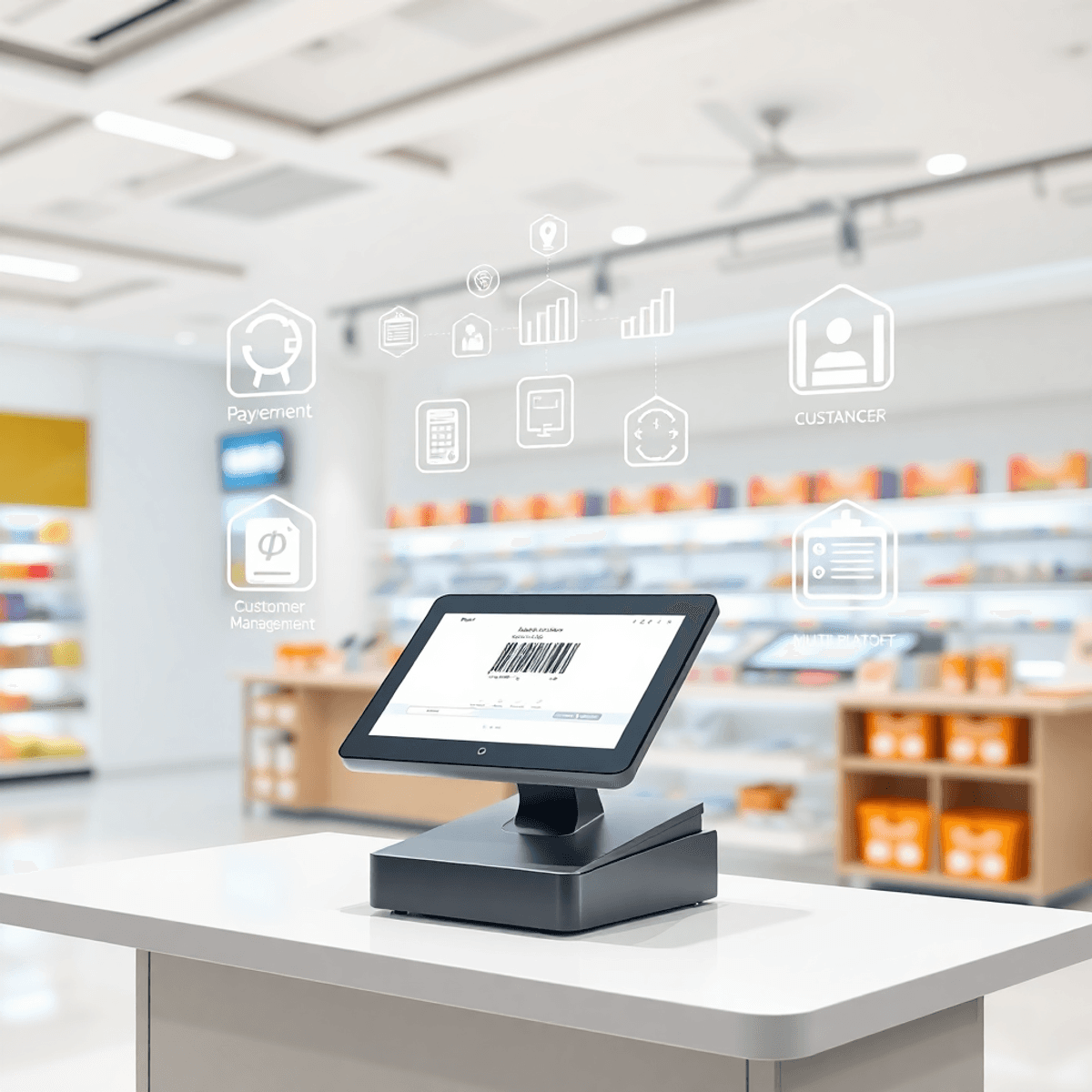 Sleek modern retail counter with minimalist POS terminal, barcode scanner, and floating digital icons for payment, customer management, and connect...