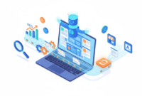 Isometric illustration of an AI content workflow: laptop with AI assistant generating multiple articles, SEO chart and magnifying glass, automated pipeline sending review cards with star ratings to storefront and blog icons, and floating credit tokens