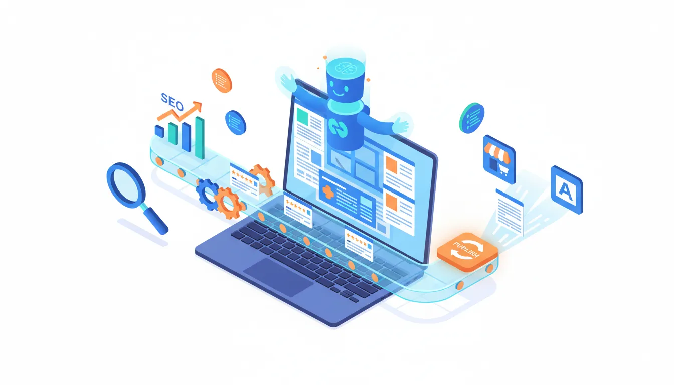 Isometric illustration of an AI content workflow: laptop with AI assistant generating multiple articles, SEO chart and magnifying glass, automated pipeline sending review cards with star ratings to storefront and blog icons, and floating credit tokens