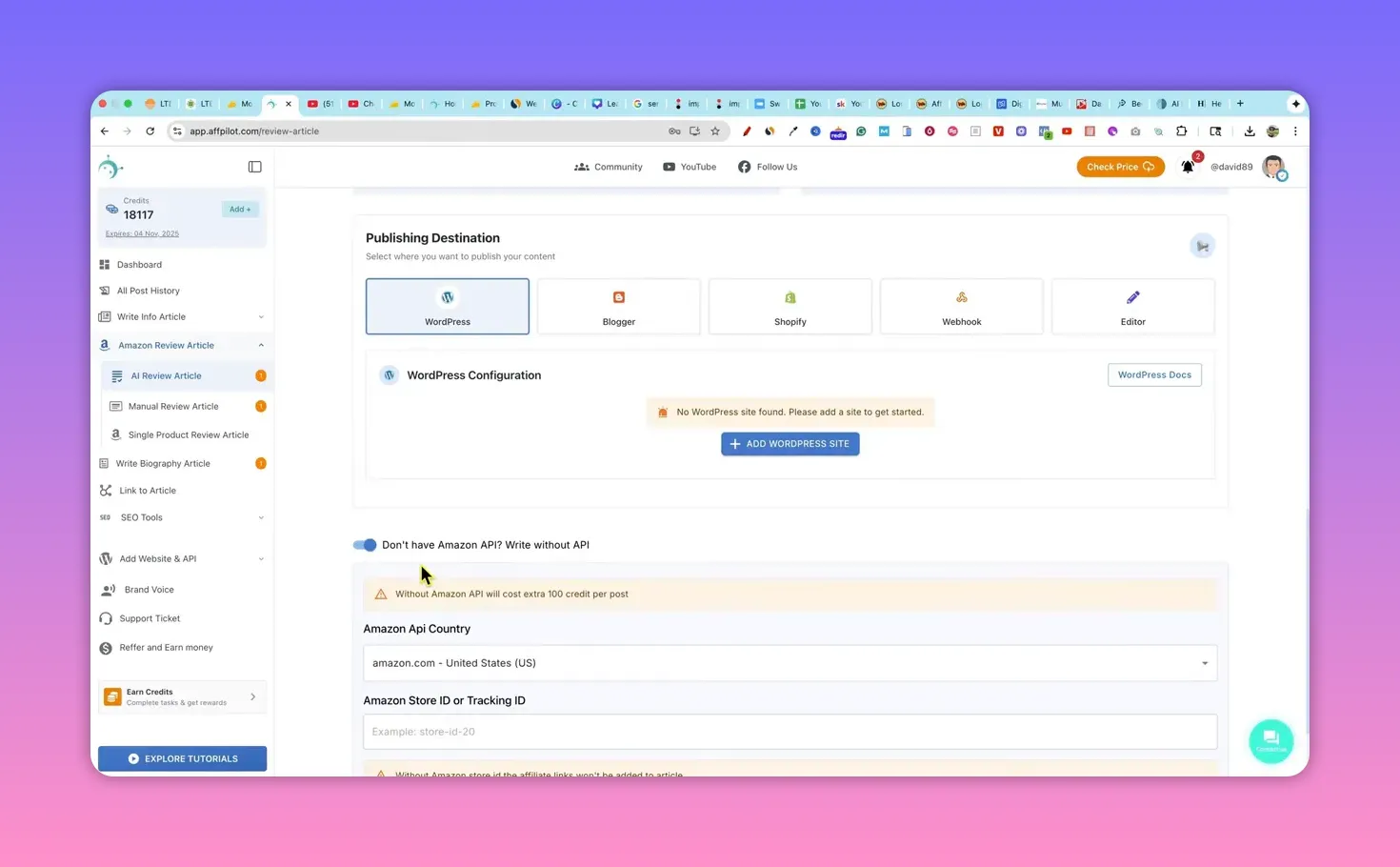 Affpilot Amazon API configuration screen showing 'Write without API' toggle, Amazon API country selector and store ID/tracking ID fields
