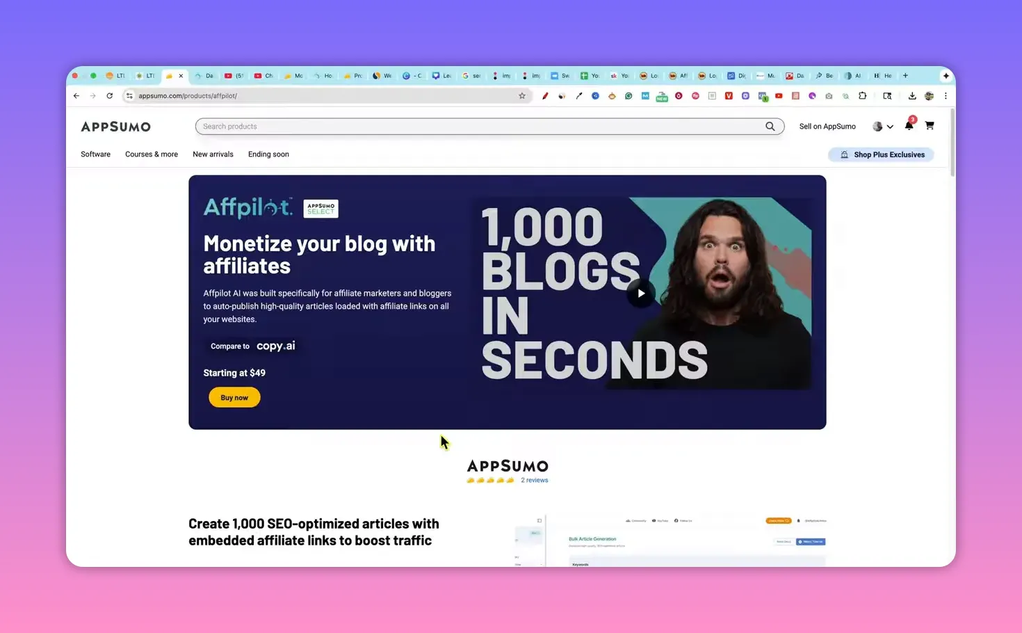Clear AppSumo product hero for Affpilot showing 'Monetize your blog with affiliates', '1,000 blogs in seconds' and a 'Buy now' button