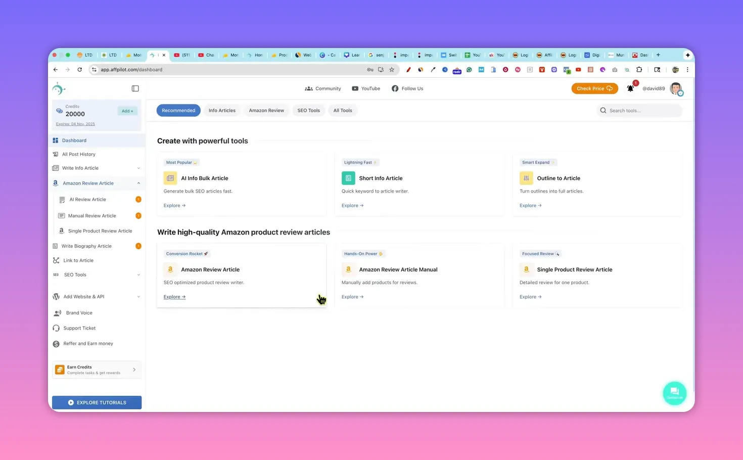 Clear view of the Affpilot dashboard showing article tools, Amazon review options, and credits
