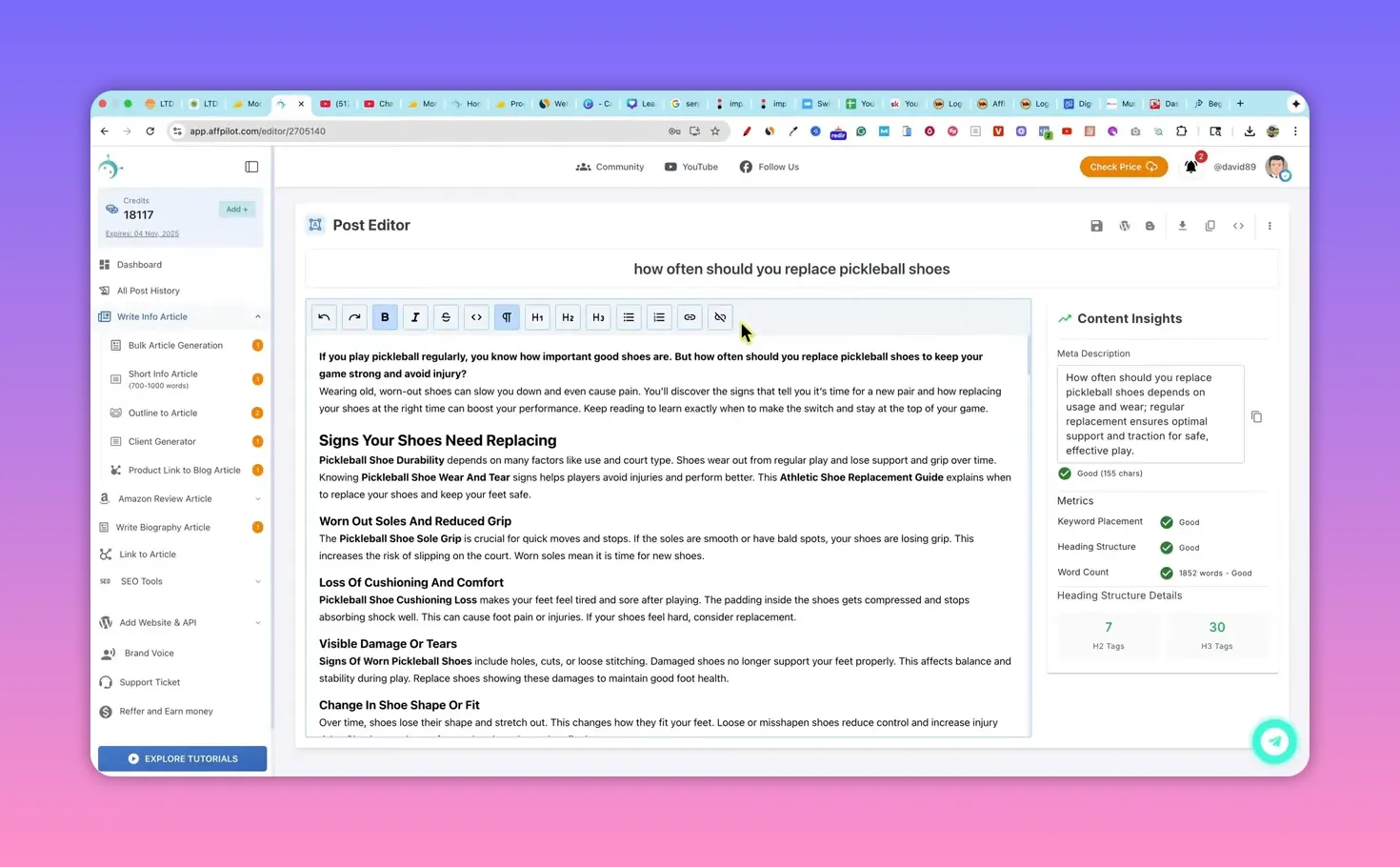 Affpilot post editor showing article content, editing toolbar and content insights panel