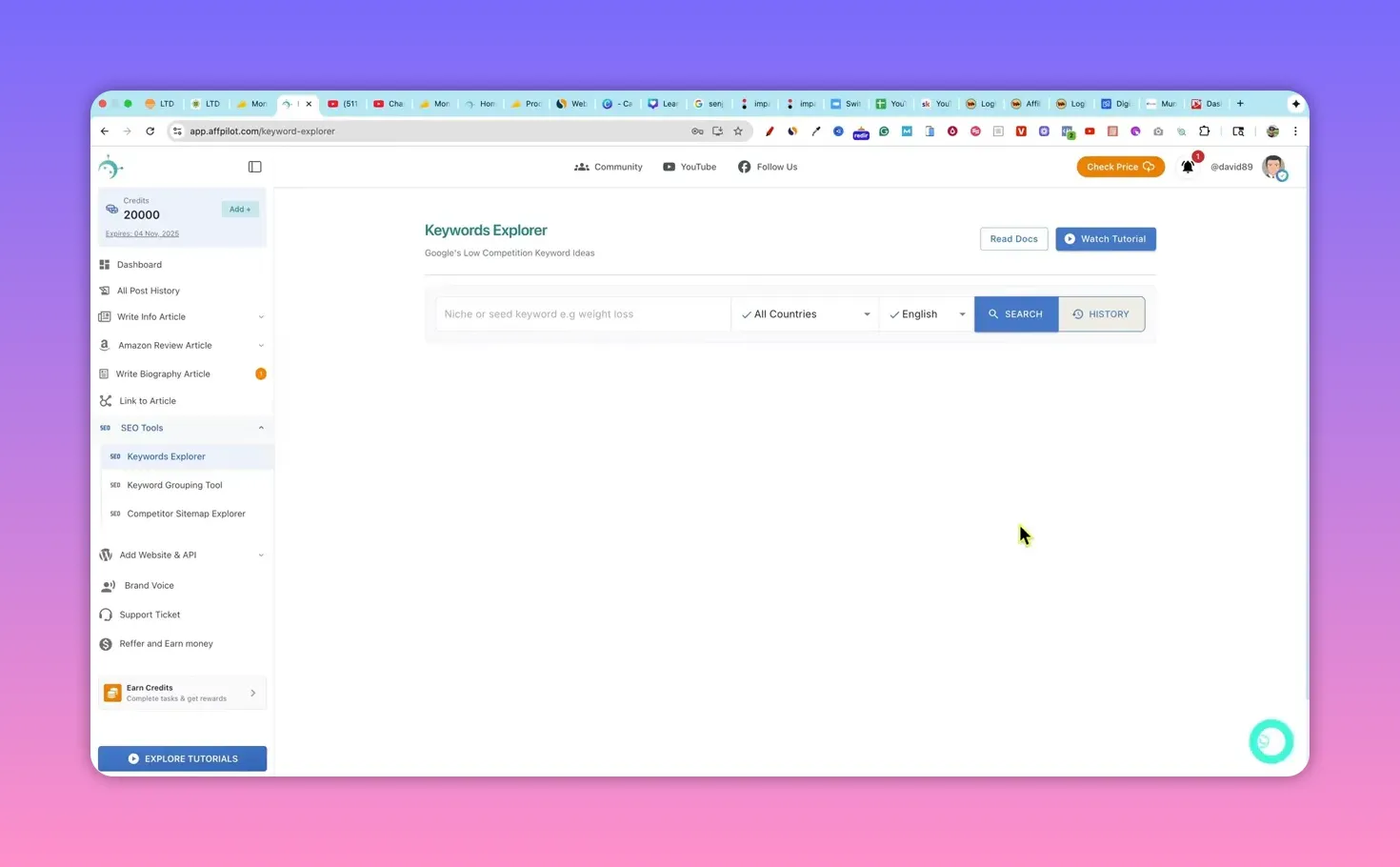 Centered Affpilot Keywords Explorer screen with seed input, country/language selectors, and search button