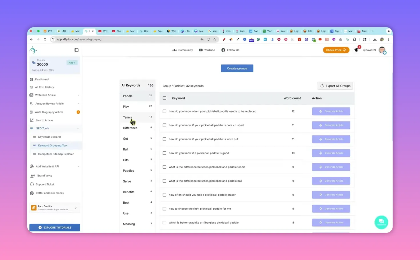 Affpilot keyword grouping tool showing left-hand group categories and the selected group's keyword list