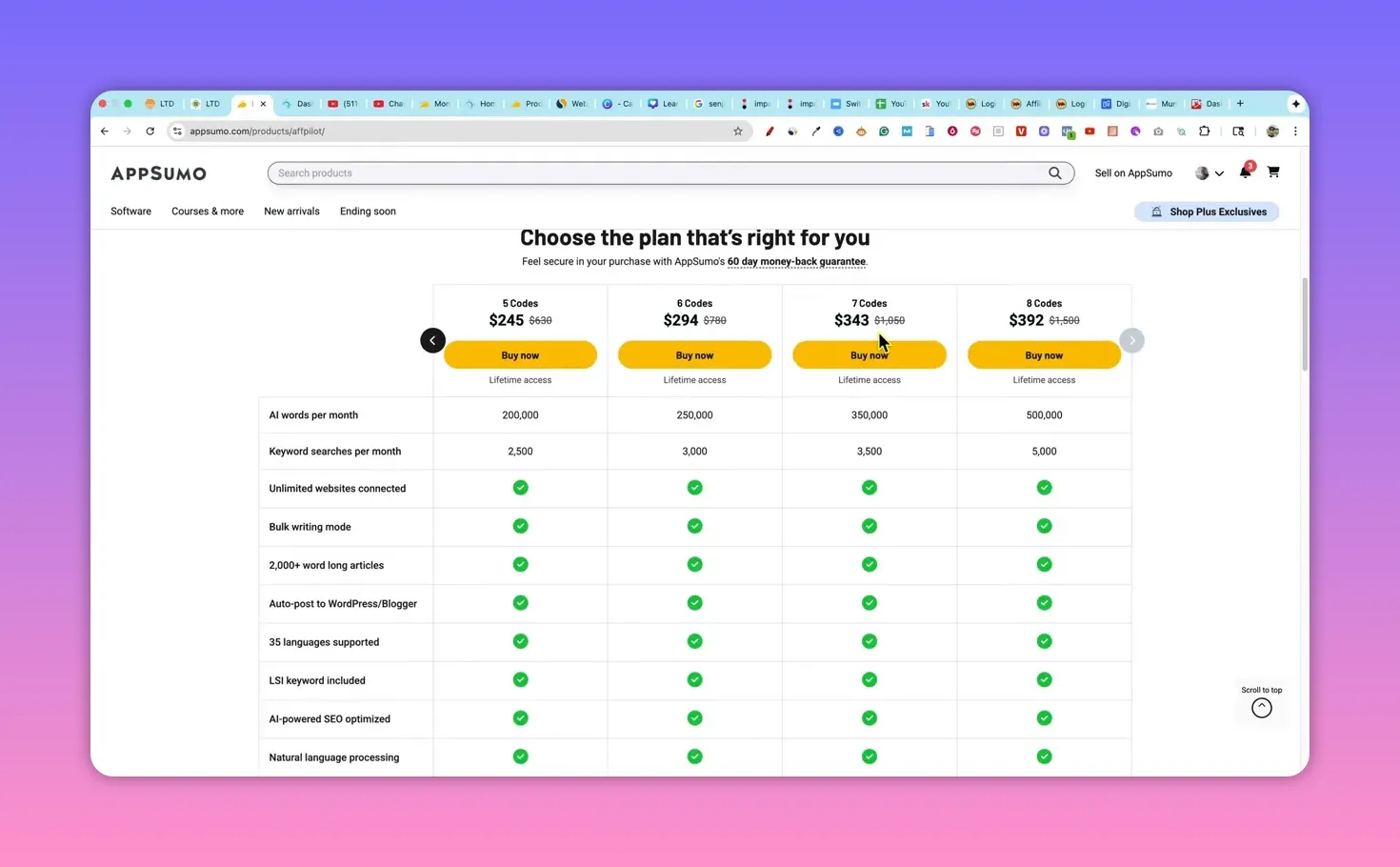 Clear screenshot of Affpilot pricing table on AppSumo showing 5&ndash;8 code plans, prices, and feature checkmarks
