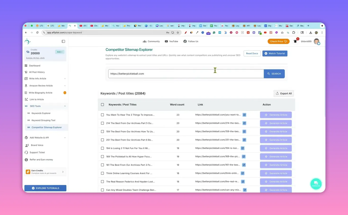 Affpilot competitor sitemap results showing post titles, links, word counts and generate article buttons
