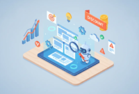 Isometric illustration of an automated SEO dashboard: a robot auditing webpage thumbnails with charts, green checkmarks and a sale ribbon indicating a discounted AppSumo-style deal
