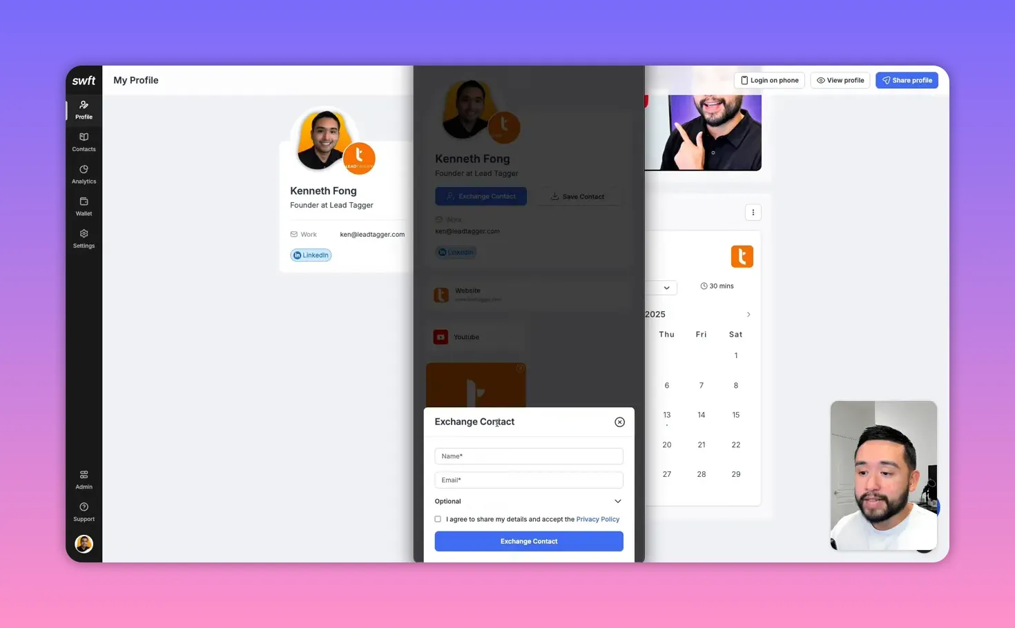 Swft Connect exchange contact form open with name and email fields and the Exchange Contact submit button