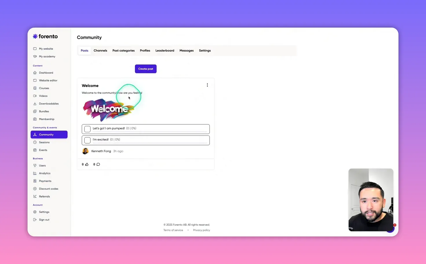 Forento Community post showing a welcome graphic, two poll options, reaction icons and the site navigation on the left; small presenter inset visible