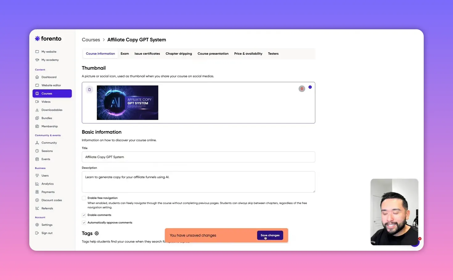 Forento course editor 'Course information' tab showing thumbnail upload, title and description with an unsaved changes banner
