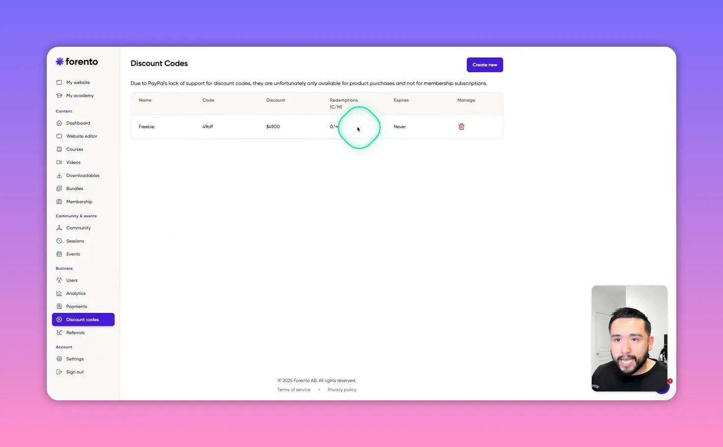 Forento Discount Codes page displaying a coupon row with name, code, discount amount, redemptions and expiry