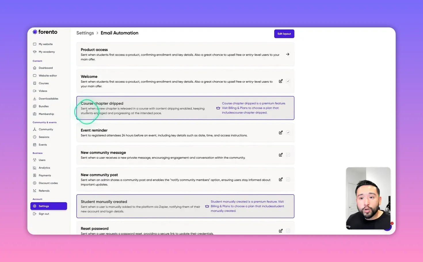 Forento email automation settings page with 'Course chapter dripped' highlighted and the 'Edit layout' button visible