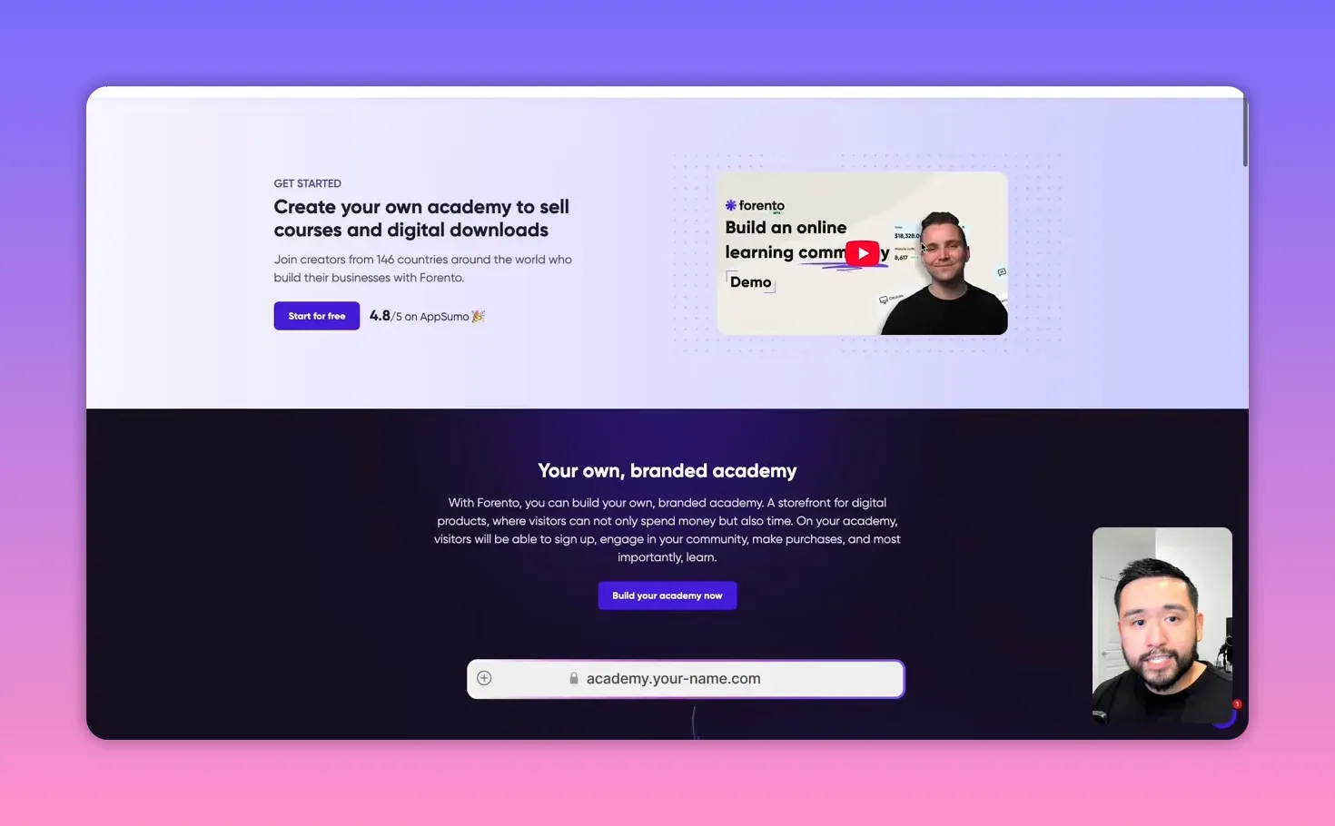 Forento website hero section with headline 'Create your own academy to sell courses and digital downloads' on a purple gradient background