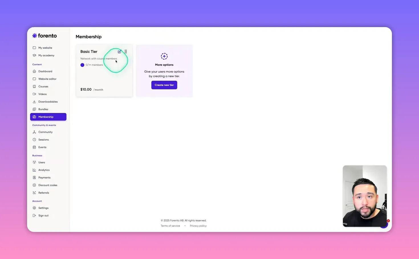 Forento membership page with the Basic Tier card highlighted and an edit cursor over the card.