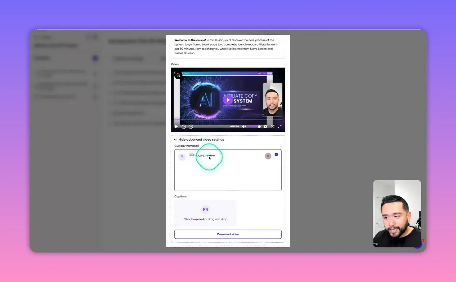 Forento lesson editor showing the video player, custom thumbnail box, captions upload area, and download video button.