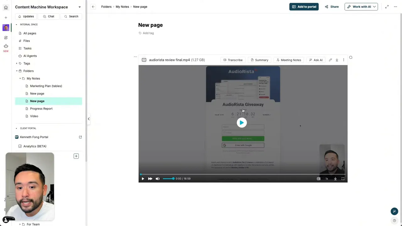 FuseBase page showing a video block with an 'Add to portal' button and left sidebar