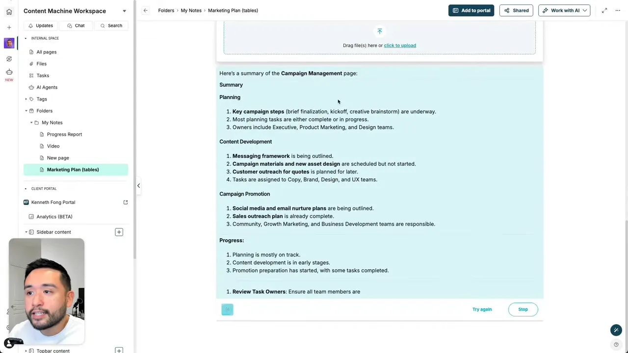 FuseBase AI agent generated a detailed campaign summary panel using the page's content as context.