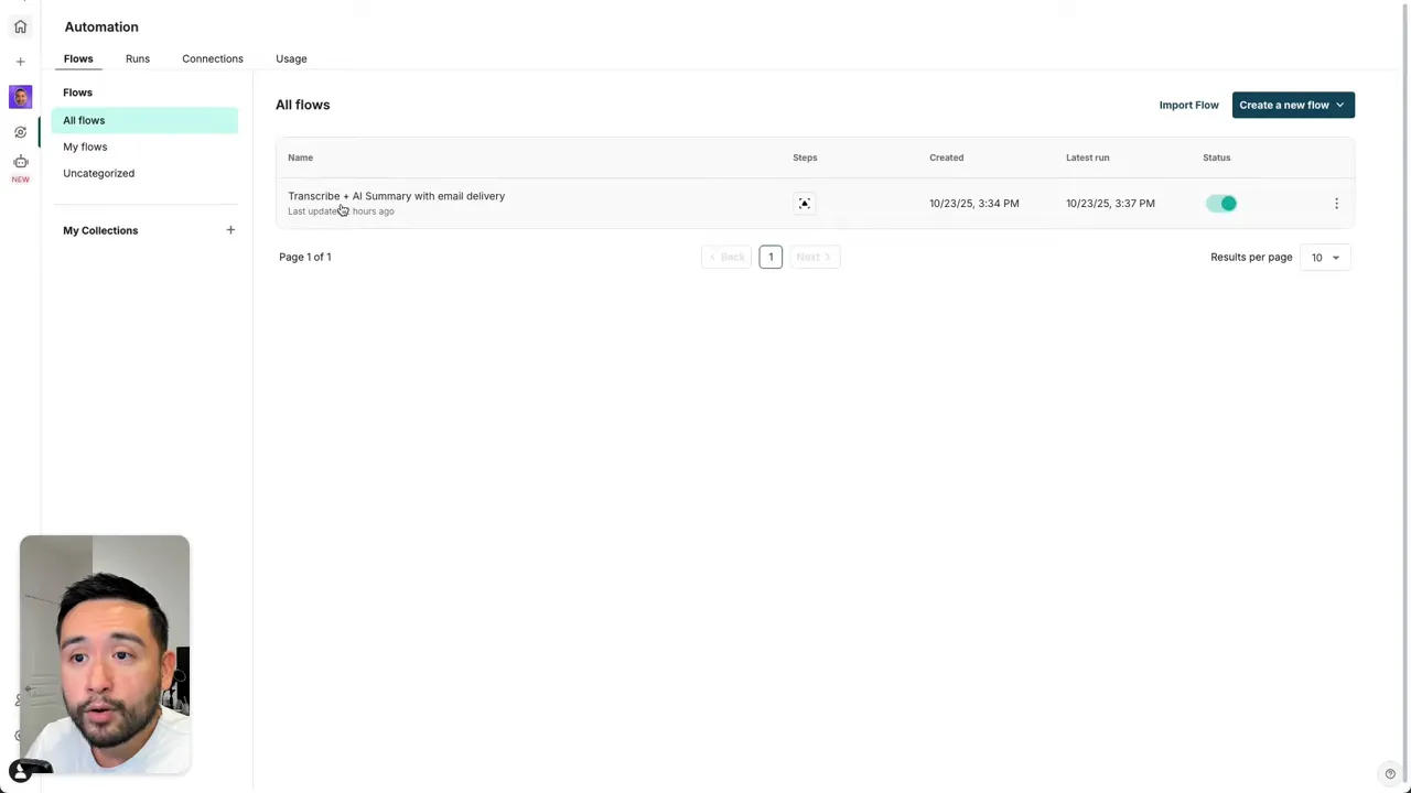 FuseBase Automations dashboard showing a 'Transcribe + AI Summary with email delivery' flow entry and create flow button