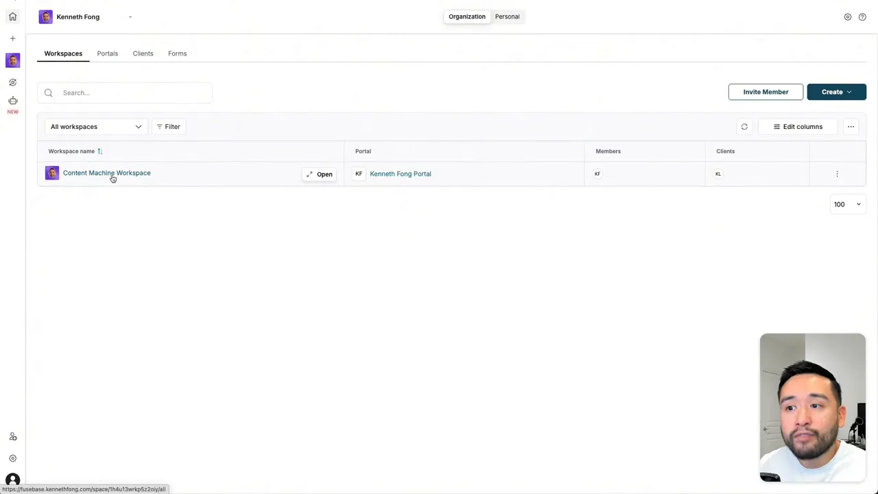 FuseBase workspaces table showing 'Content Machine Workspace' and an Open action with portal column