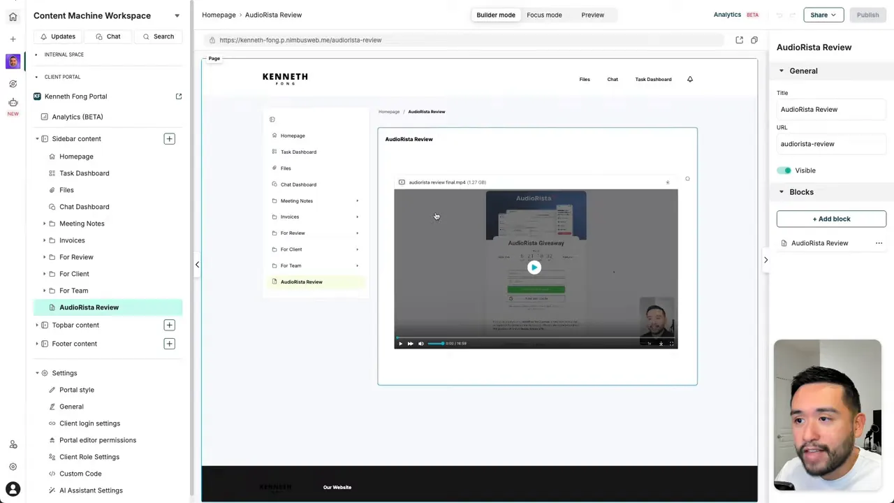 FuseBase client portal page showing sidebar navigation, a clearly framed embedded video block, and the page settings panel