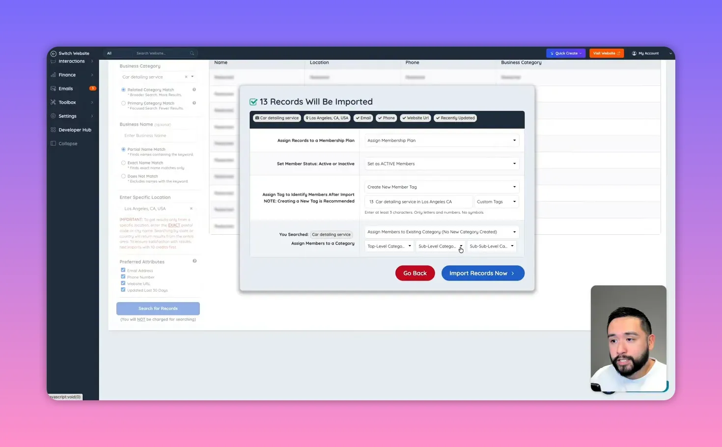 Import records modal titled '13 Records Will Be Imported' showing fields to assign membership plan, member status, tags and an 'Import Records Now' button