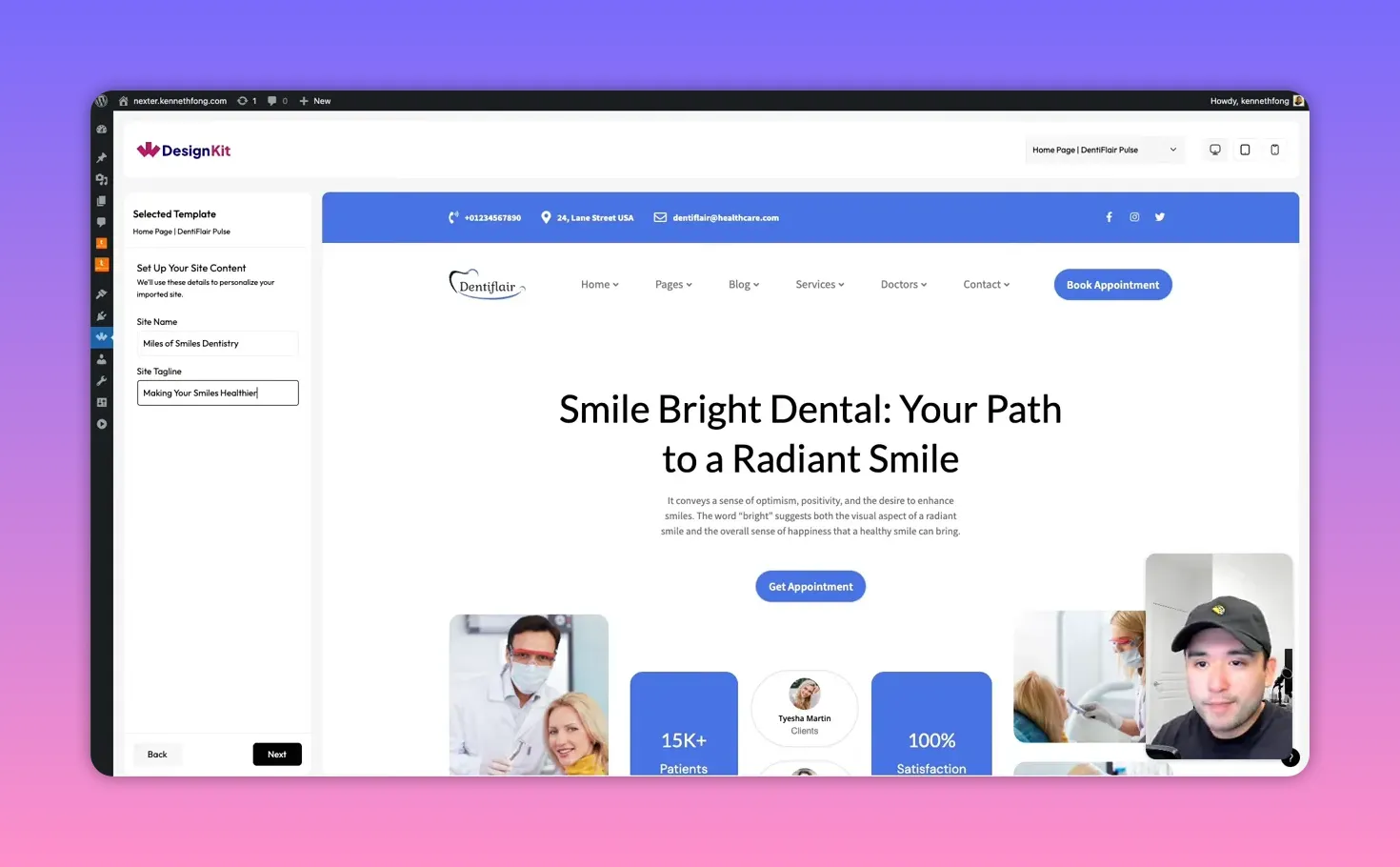 DesignKit importer preview showing the 'Smile Bright Dental: Your Path to a Radiant Smile' homepage from the imported page kit with site name and tagline fields in the left panel and presenter inset.
