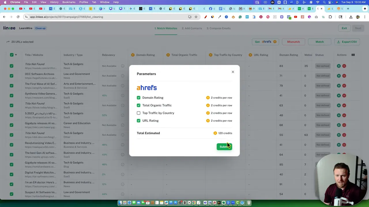 Linkee AI 'Parameters' modal showing Ahrefs metric options (Domain Rating, Total Organic Traffic, URL Rating) and estimated credits