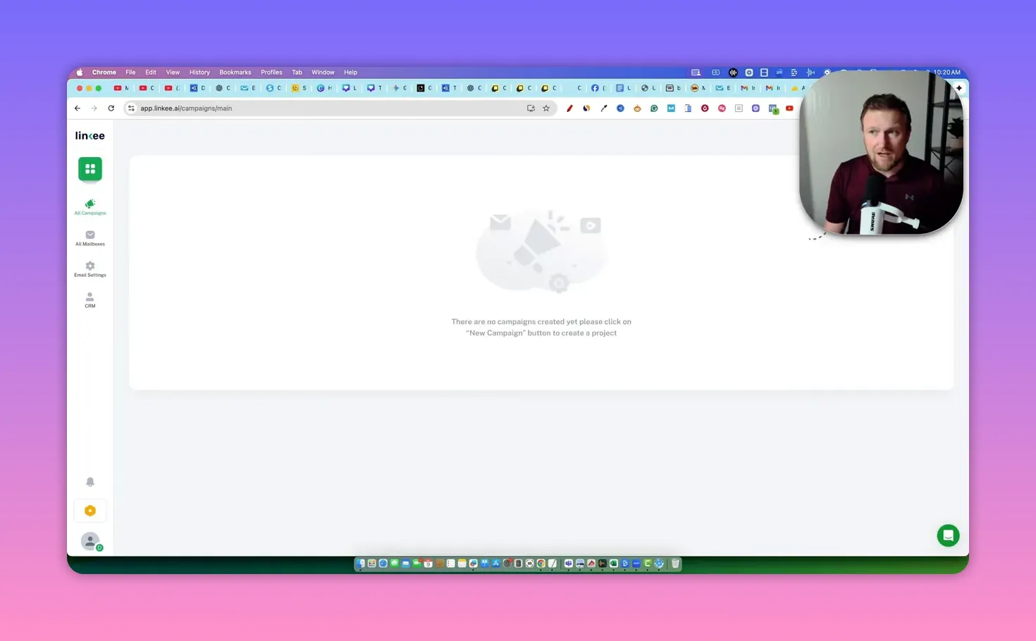 Linkee AI main campaigns screen with message prompting to create a new campaign
