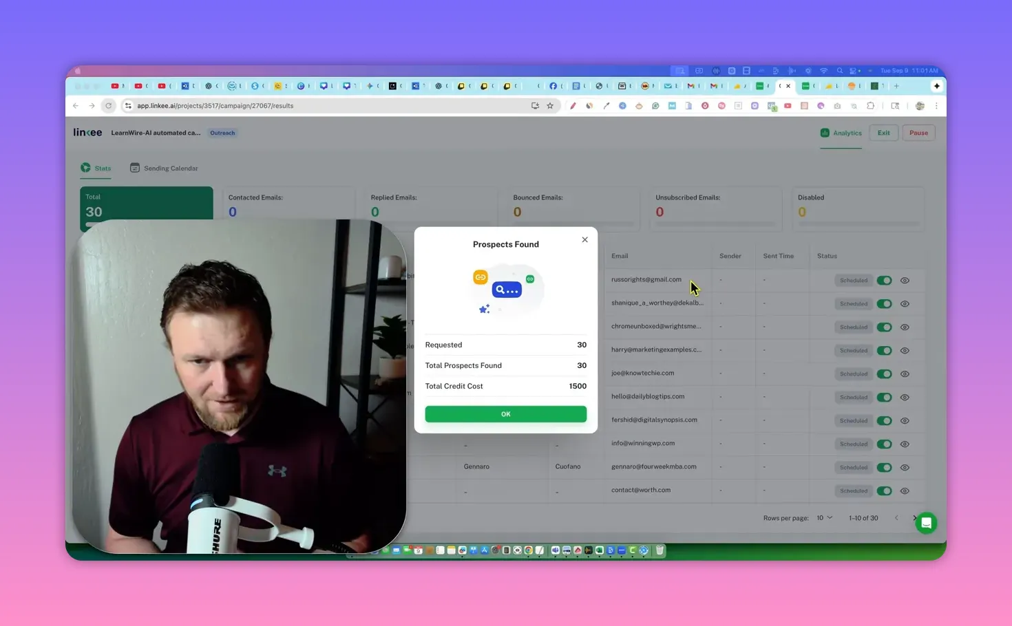 Linkee 'Prospects Found' popup showing requested 30, total prospects 30, and credit cost with prospect list in background