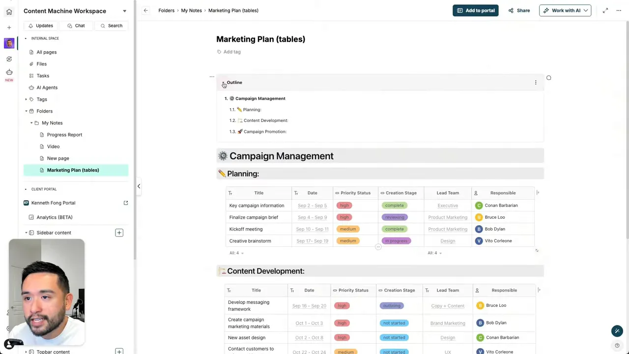 FuseBase Marketing Plan page with outline box, section headers and tables alongside left navigation