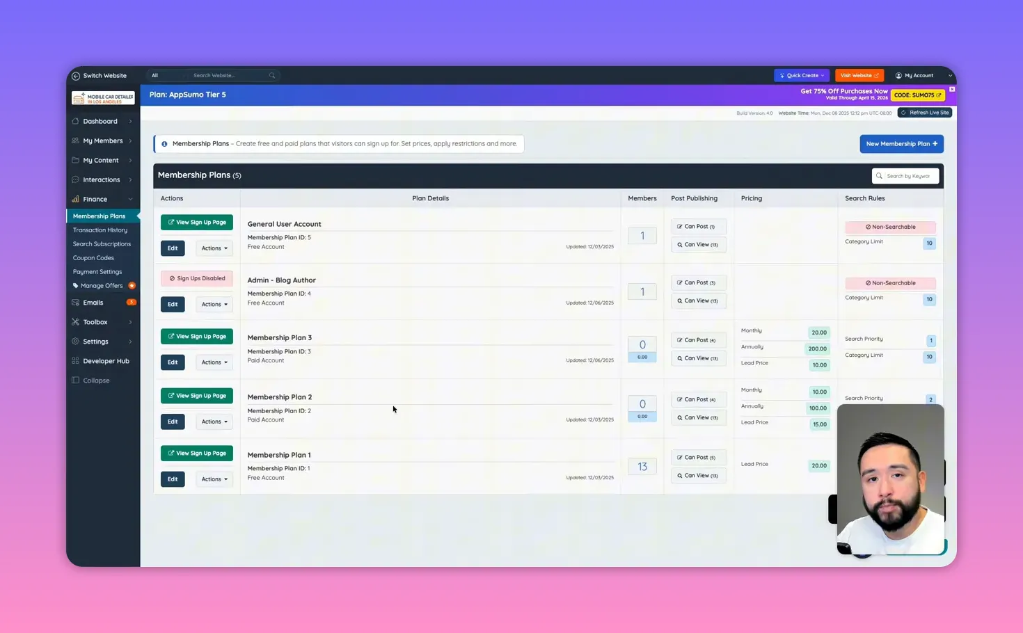 Admin panel showing membership tiers, lead price, monthly and annual pricing in a table
