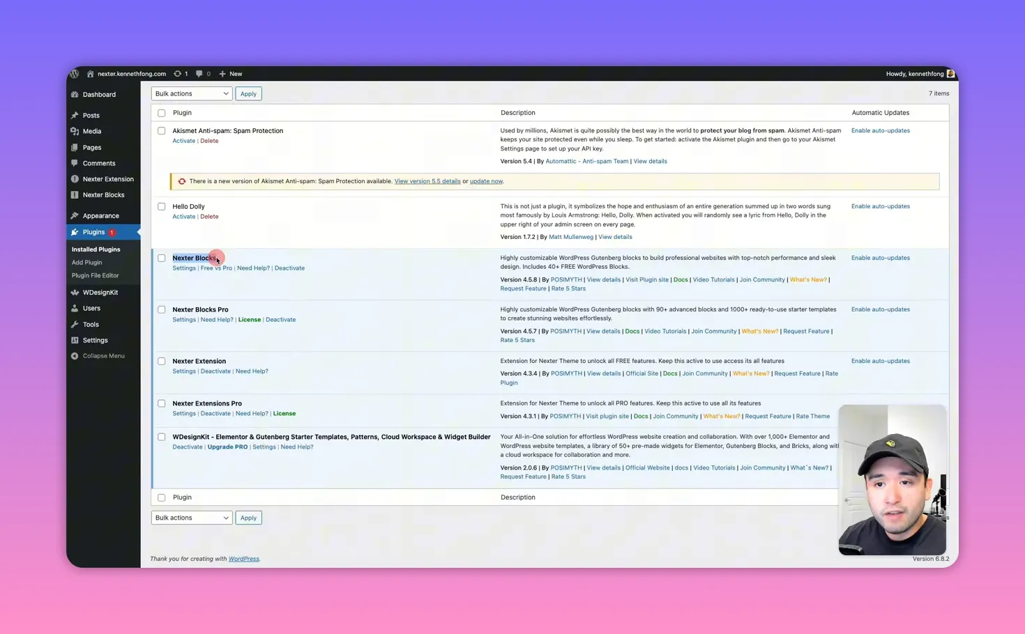 WordPress Plugins screen focused on the Nexter Blocks entry with a pointer/click indicator; presenter inset in lower right corner.