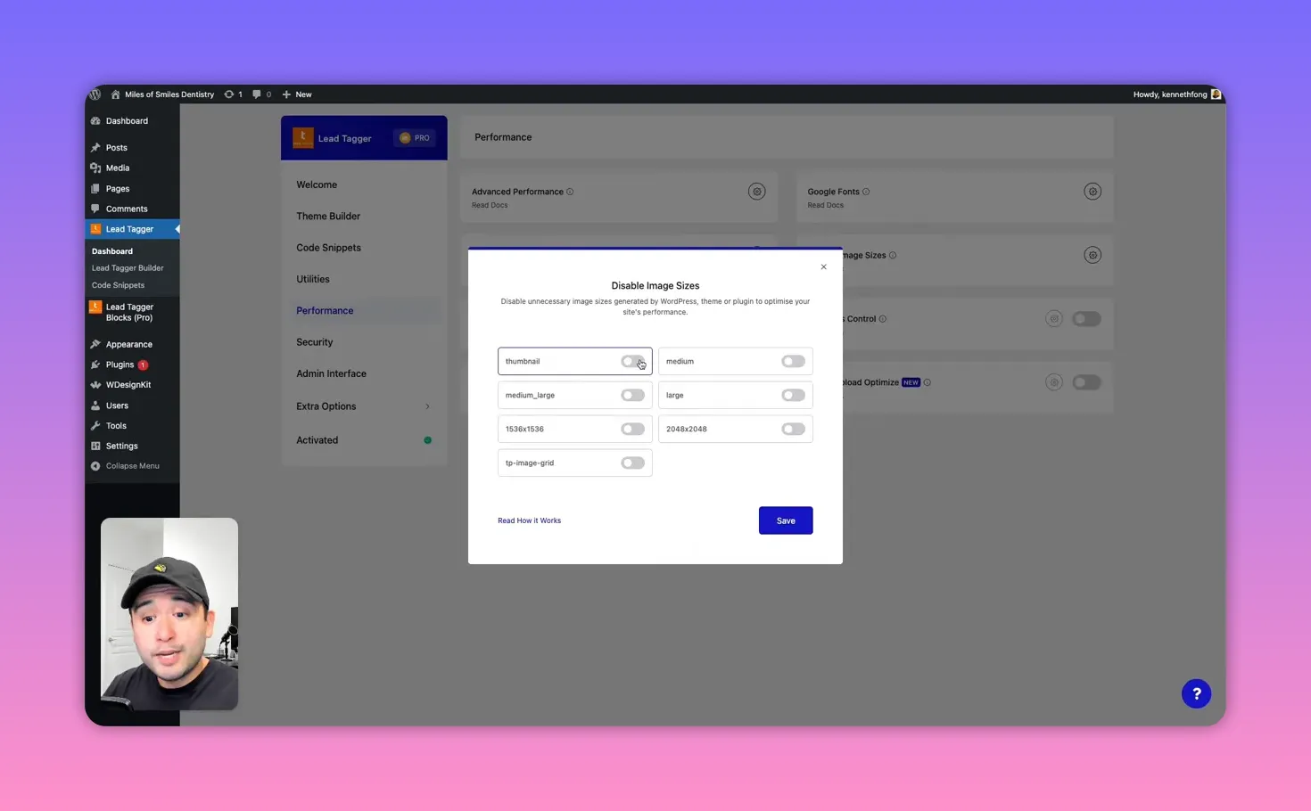 Nexter extension 'Disable Image Sizes' modal showing toggles for thumbnail, medium, medium_large, large, and custom sizes with an active pointer over a toggle.
