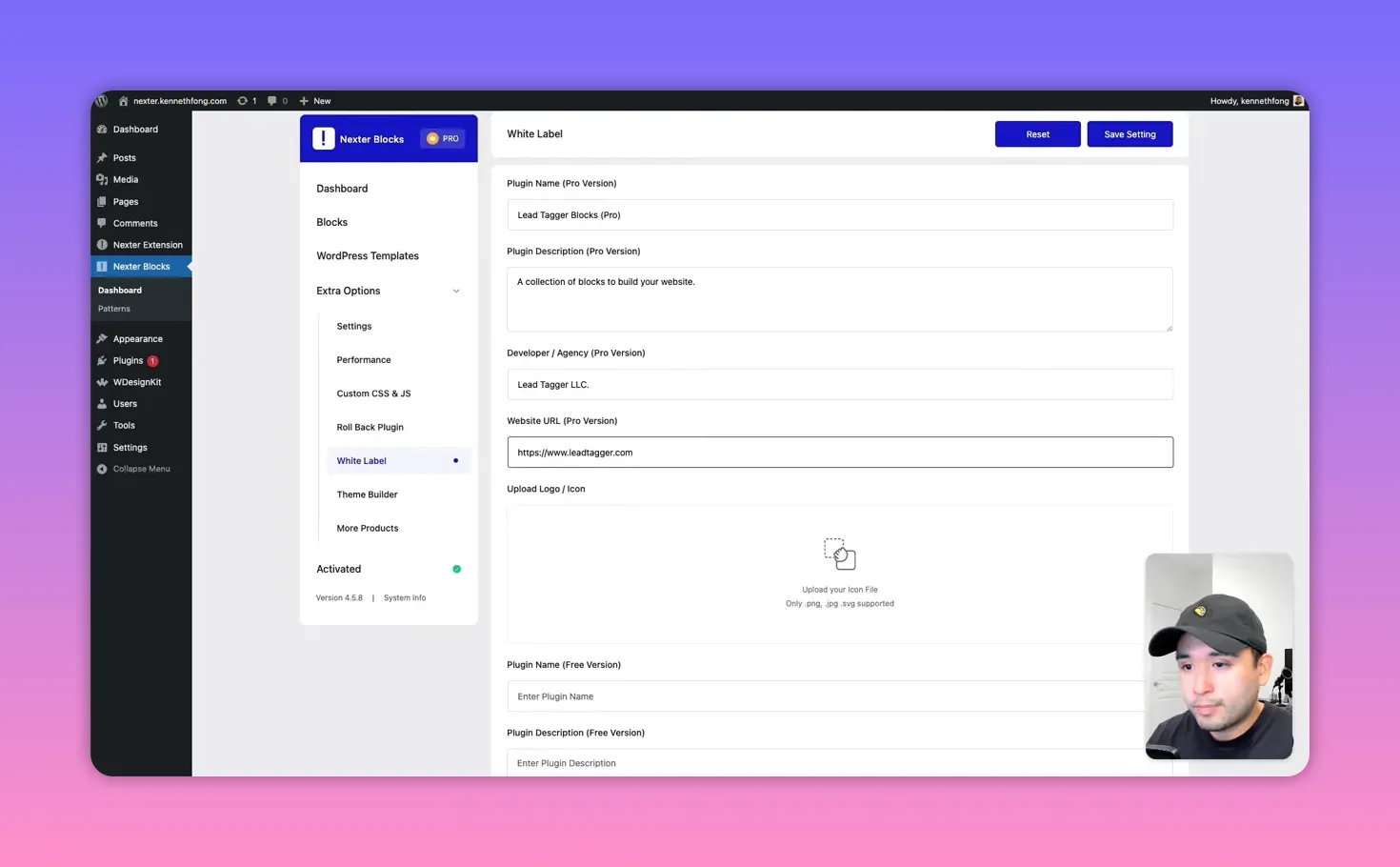 Nexter White Label settings page with Plugin Name, Plugin Description, Developer/Agency and Website URL filled; presenter video inset at bottom right.