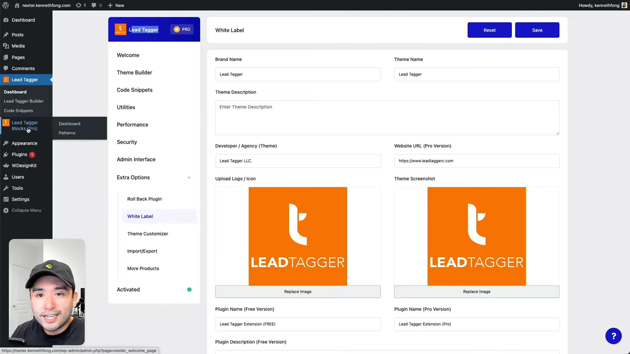 Nexter white label settings page in the WordPress admin showing brand name, theme name, and logo upload fields.