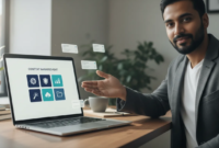 Agency owner pointing at a laptop showing a clean white-labeled WordPress dashboard with cohesive branded plugin tiles and simple icons