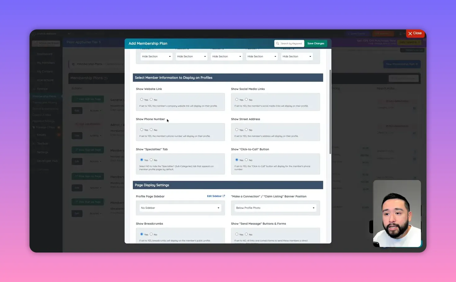 Membership plan Profile Page settings section showing 'Show Website Link', 'Show Phone Number', 'Show Street Address' and 'Show Click-to-Call Button' options