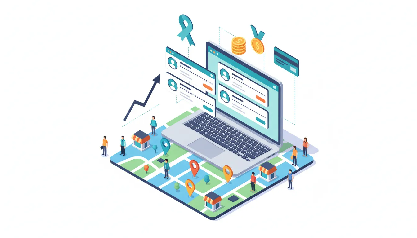 Isometric illustration of a laptop showing a local business directory with map pins, membership icons, coins and an upward growth arrow — representing a profitable local directory or membership site