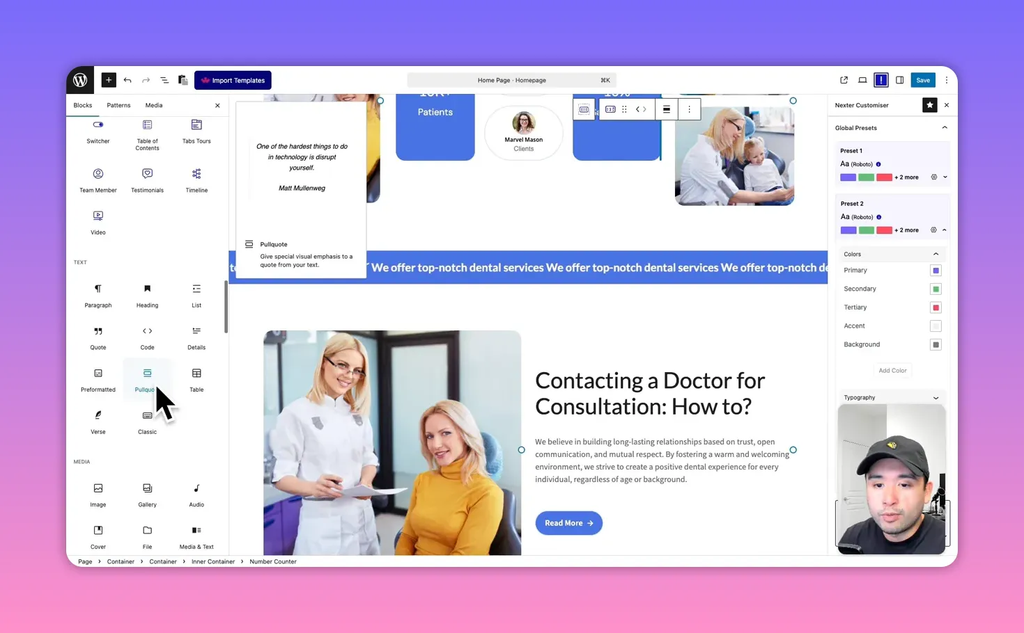 Gutenberg block inserter with the cursor selecting the Pullquote block and a dentist homepage preview visible in the editor.