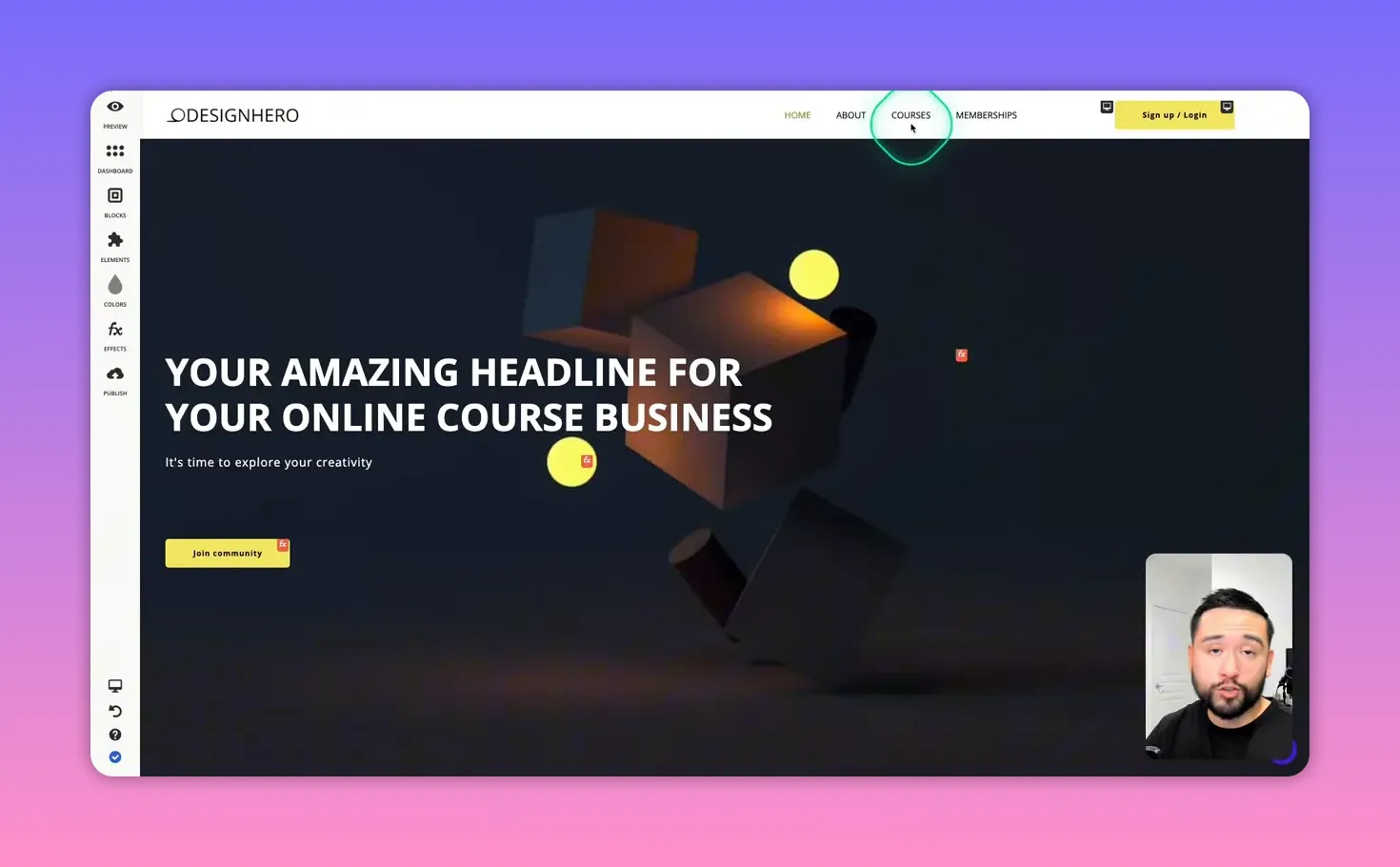 Site editor showing homepage hero, navigation and left-side blocks toolbar