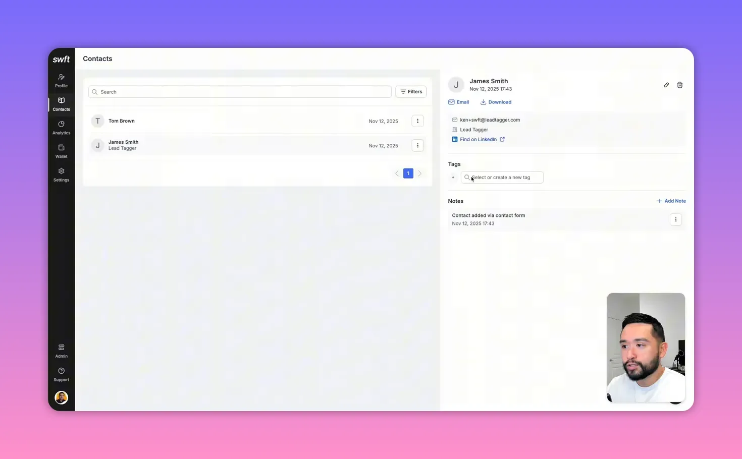 Swft Connect contact detail panel with the tags input open ('Select or create a new tag') and notes section &mdash; ideal for demonstrating tagging and follow-up organization.