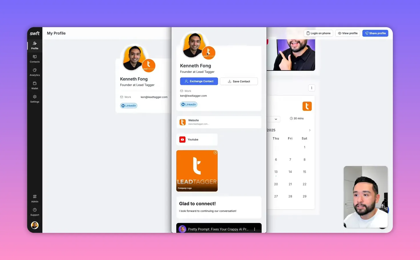 Swft Connect card preview displaying profile info, Exchange Contact button, website link, embedded YouTube player and calendar block.